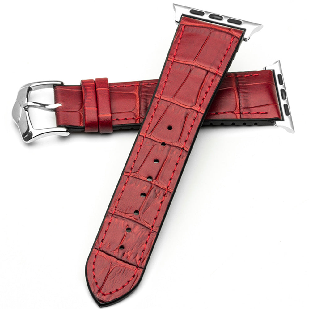 Uniqkart Top-layer Cowhide Leather Watch Strap Replacement for Apple Watch Series 8 7 41mm / Series 6 SE / SE(2022) 5 4 40mm / Series 3 2 1 38mm - Red