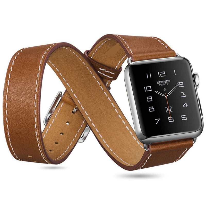 Hermes Style 4-piece Double Tour Genuine Leather Watchband Strap for Apple Watch Series 8 45mm / Ultra 49mm / 7 45mm / Series 6 / SE / SE (2022) / 5 4 44mm / Series 3 2 1 42mm - Brown