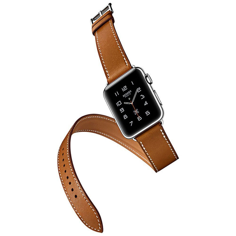 Hermes Style 4-piece Double Tour Genuine Leather Watchband Strap for Apple Watch Series 8 45mm / Ultra 49mm / 7 45mm / Series 6 / SE / SE (2022) / 5 4 44mm / Series 3 2 1 42mm - Brown