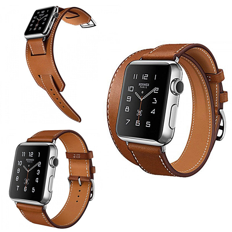 Hermes Style 4-piece Double Tour Genuine Leather Watchband Strap for Apple Watch Series 8 45mm / Ultra 49mm / 7 45mm / Series 6 / SE / SE (2022) / 5 4 44mm / Series 3 2 1 42mm - Brown