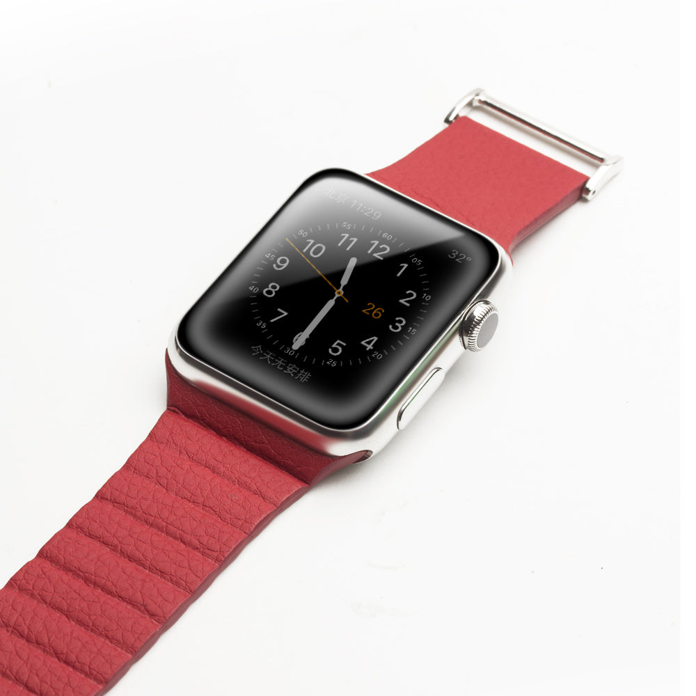 QIALINO Magnetic Loop Genuine Leather Watch Strap for Apple Watch Series 5 4 44mm, Series 3 / 2 / 1 42mm - Red