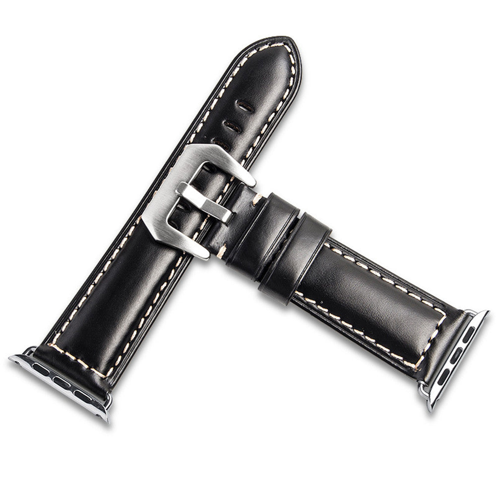 QIALINO Top Layer Cowhide Leather Watch Strap for Apple Watch Series 8 45mm / Ultra 49mm / 7 45mm / 6 / SE / SE (2022) / 5 4 44mm, Series 3 / 2 / 1 42mm - Black