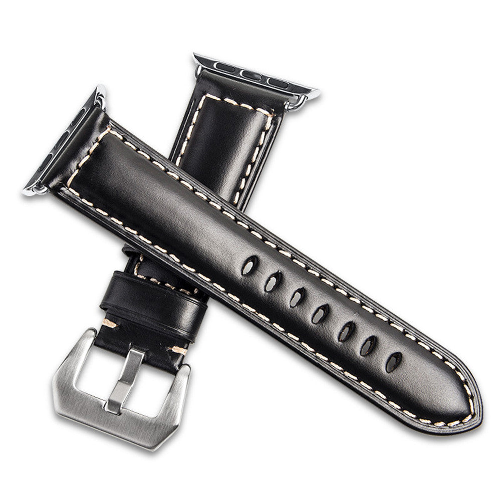 QIALINO Top Layer Cowhide Leather Watch Strap for Apple Watch Series 8 45mm / Ultra 49mm / 7 45mm / 6 / SE / SE (2022) / 5 4 44mm, Series 3 / 2 / 1 42mm - Black