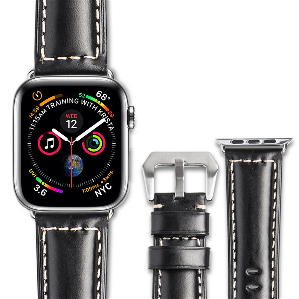 QIALINO Top Layer Cowhide Leather Watch Strap for Apple Watch Series 8 45mm / Ultra 49mm / 7 45mm / 6 / SE / SE (2022) / 5 4 44mm, Series 3 / 2 / 1 42mm - Black