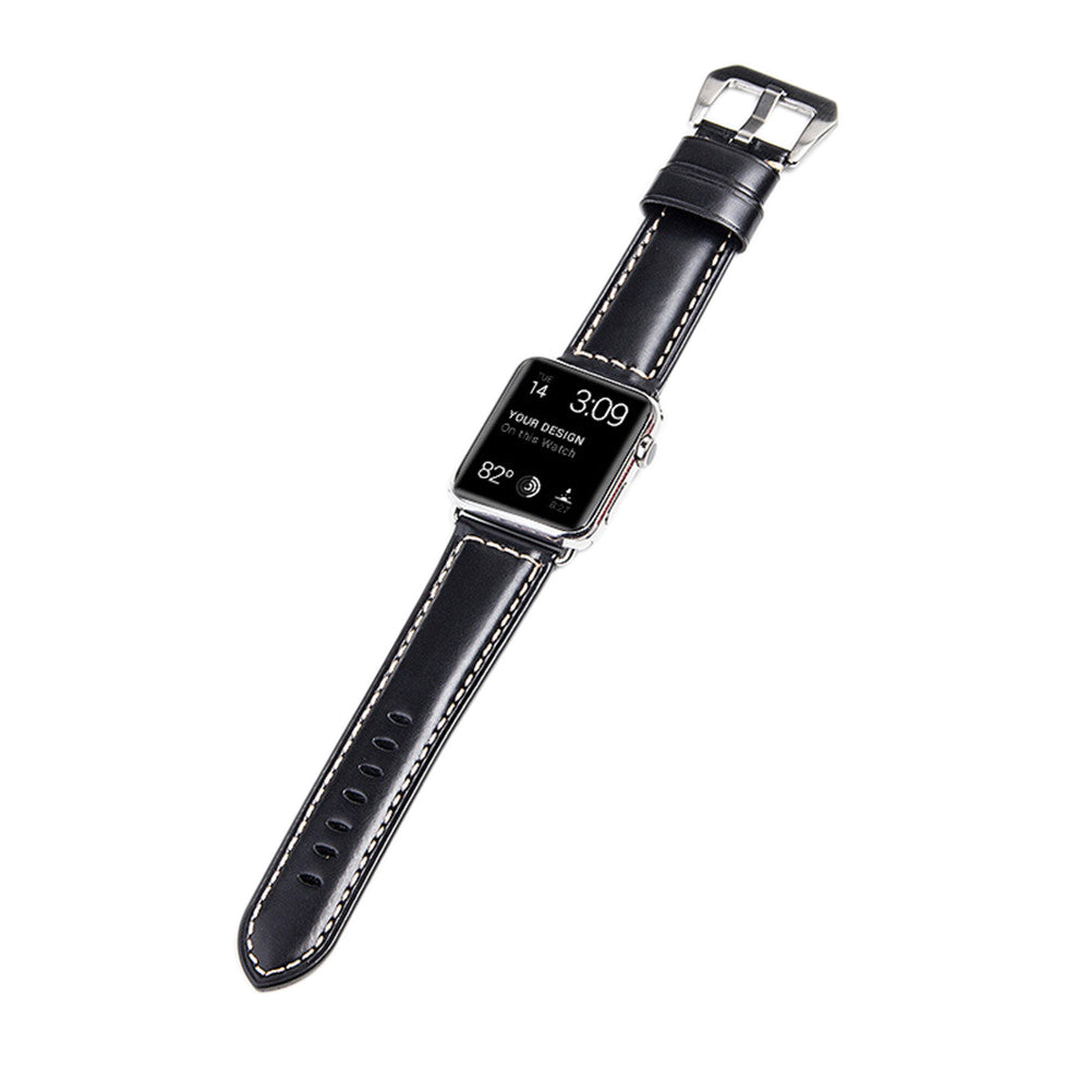 QIALINO Top Layer Cowhide Leather Watch Strap for Apple Watch Series 8 45mm / Ultra 49mm / 7 45mm / 6 / SE / SE (2022) / 5 4 44mm, Series 3 / 2 / 1 42mm - Black