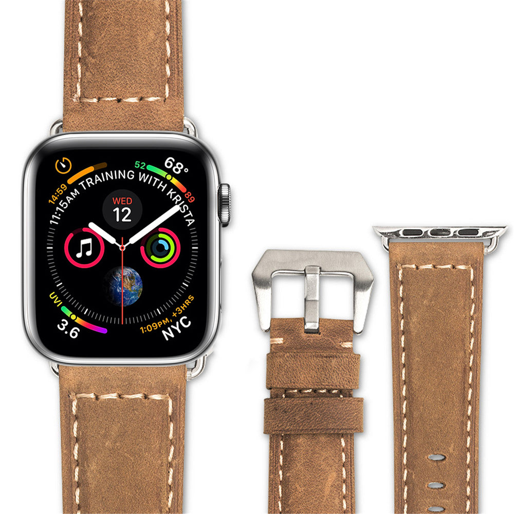 QIALINO Crazy Horse Texture Genuine Leather Band for Apple Watch Series 8 45mm / Ultra 49mm / 7 45mm / 6 / SE / SE (2022) / 5 4 44mm / Series 3 / 2 / 1 42mm - Brown