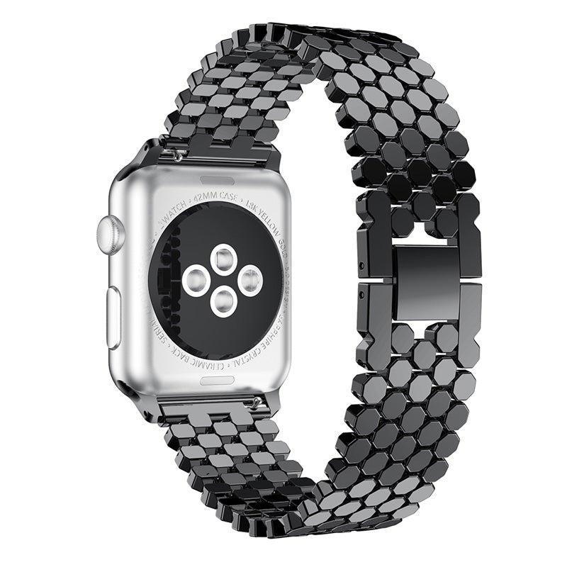 XINCUCO D-Button Buckle Stainless Steel Fish Scale Shape Watch Band for Apple Watch Series 8 / 7 41mm / SE / SE(2022) / Series 6 / 5 4 40mm / Series 3 2 1 38mm - Black
