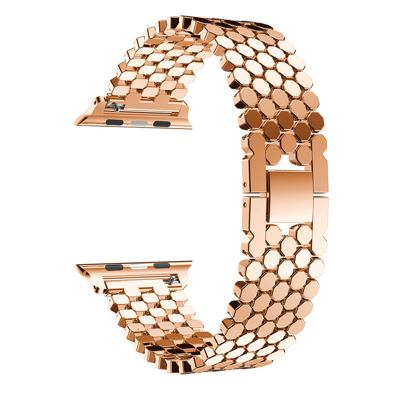 XINCUCO D-Button Buckle Stainless Steel Fish Scale Shape Watch Band for Apple Watch Series 8 45mm / Ultra 49mm / 7 45mm / Series 6 SE / SE (2022) / 5 4 44mm / Series 3 2 1 42mm - Rose Gold