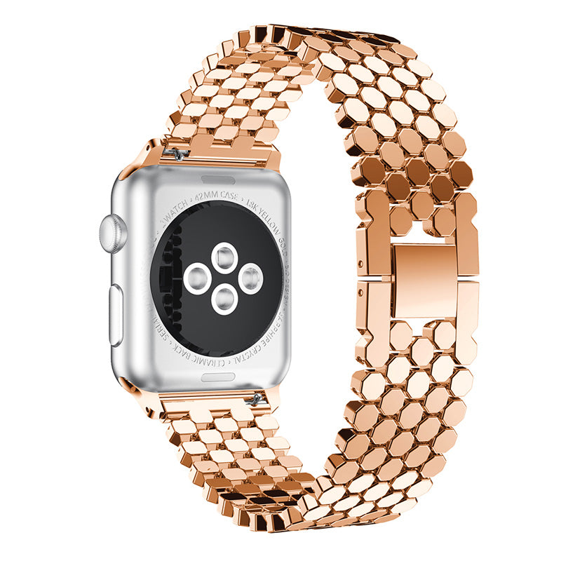 XINCUCO D-Button Buckle Stainless Steel Fish Scale Shape Watch Band for Apple Watch Series 8 45mm / Ultra 49mm / 7 45mm / Series 6 SE / SE (2022) / 5 4 44mm / Series 3 2 1 42mm - Rose Gold