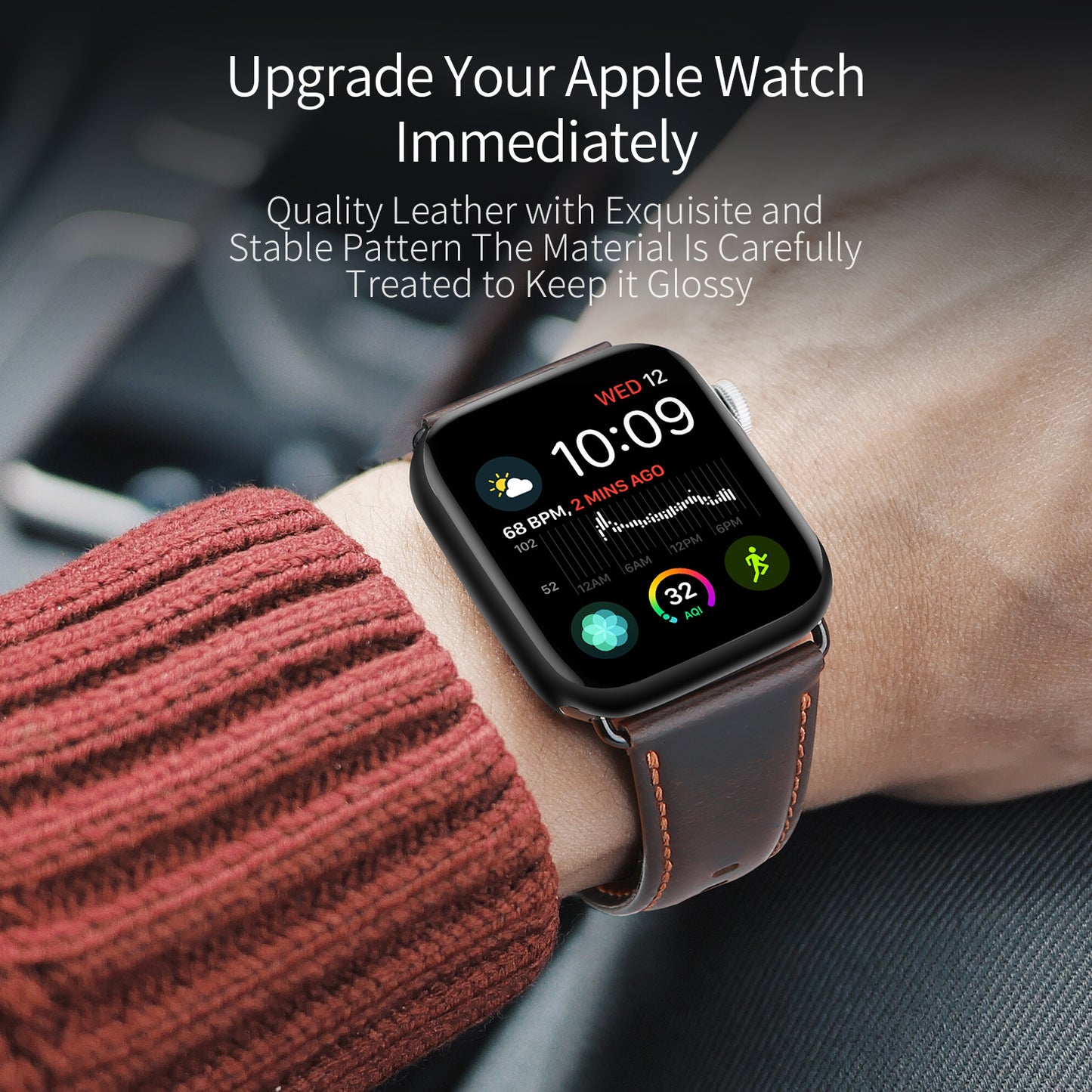Business Genuine Leather Watch Strap with Stainless Steel Buckle for Apple Watch Series 8 45mm / 7 45mm / Series 6 / SE / SE (2022) / 5 4 44mm / Series 3 2 1 42mm - Coffee