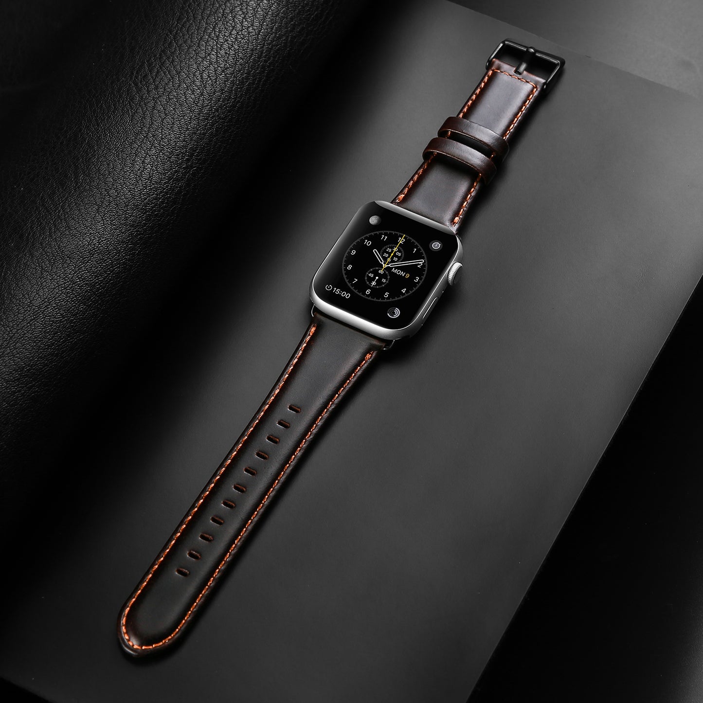 Business Genuine Leather Watch Strap with Stainless Steel Buckle for Apple Watch Series 8 45mm / 7 45mm / Series 6 / SE / SE (2022) / 5 4 44mm / Series 3 2 1 42mm - Coffee