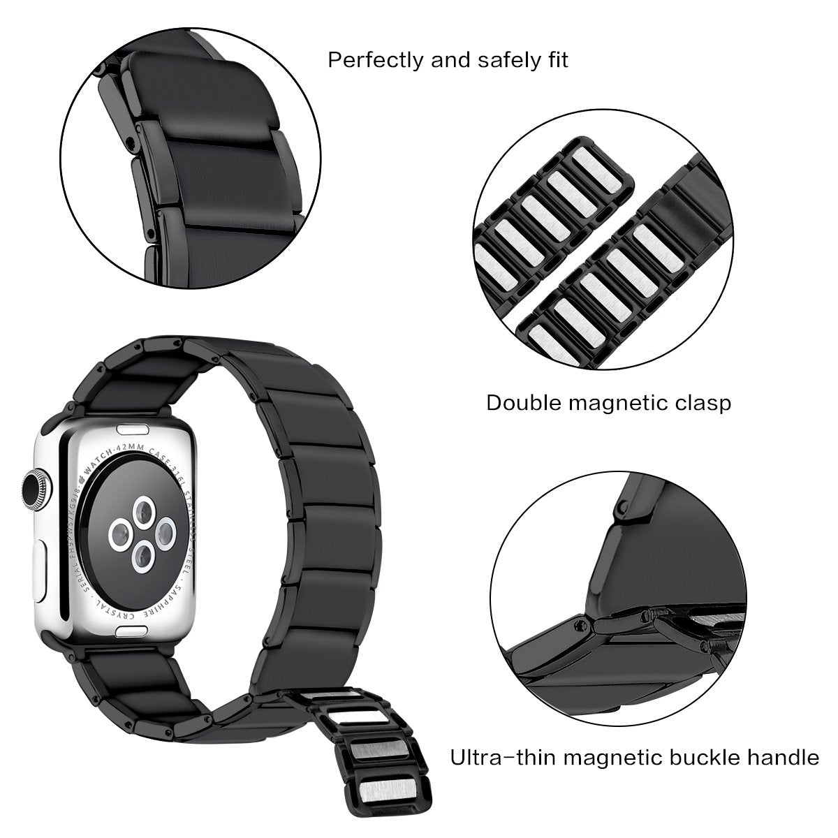 Magnetic Stainless Steel Watch Band for Apple Watch Series 8 45mm / Ultra 49mm / 7 45mm / Series 3 2 1 42mm / Series 6 SE / SE (2022) 5 4 44mm - Black