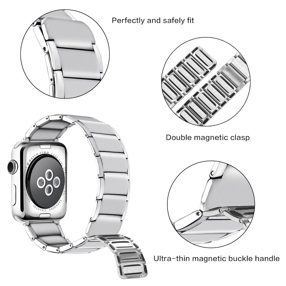 Magnetic Stainless Steel Watch Band for Apple Watch Series 8 7 41mm / Series 6 SE / SE(2022) 5 4 40mm / Series 3 2 1 38mm - Silver