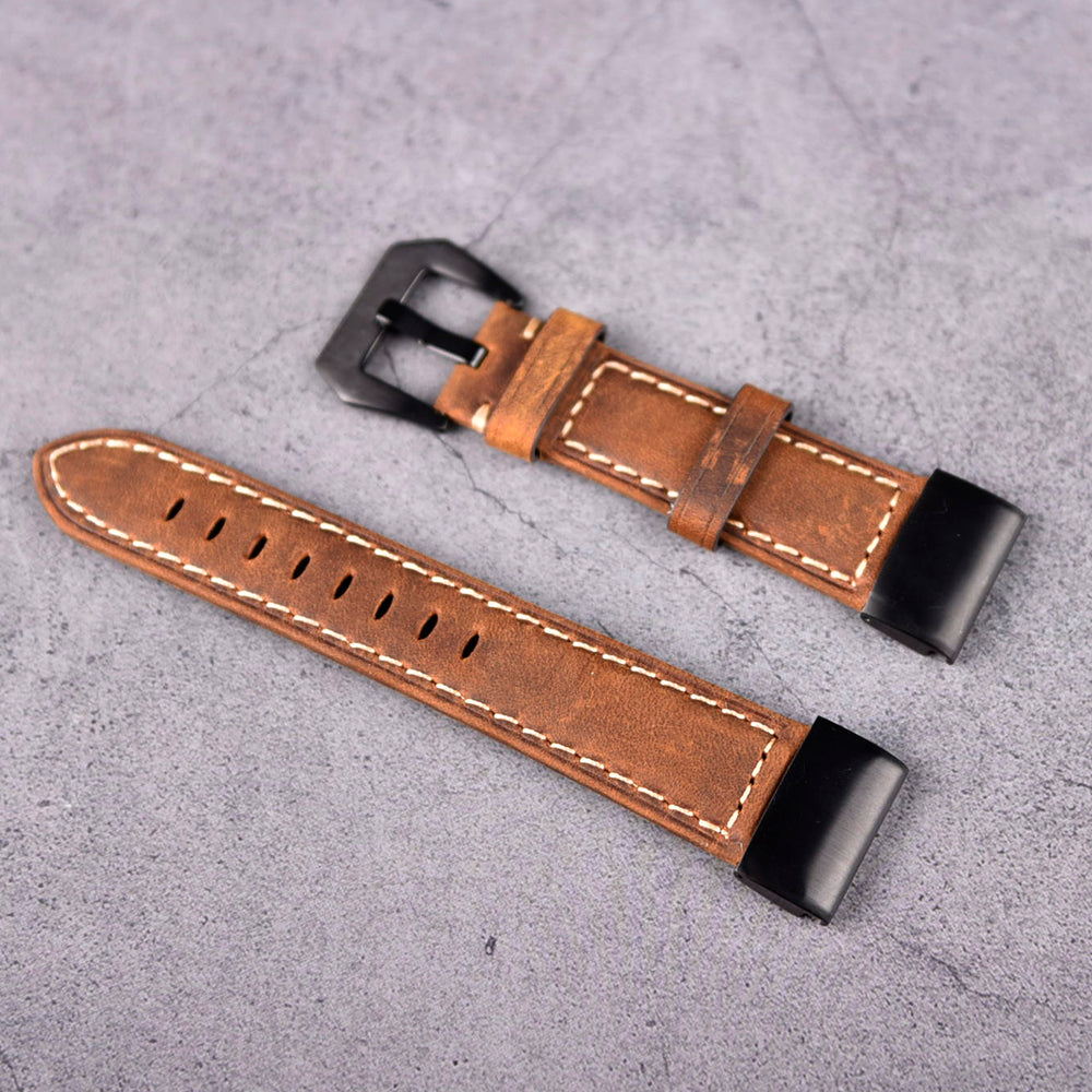 For Garmin Fenix 5 Genuine Leather Watch Band Crazy Horse Texture Replacement Strap - Dark Brown