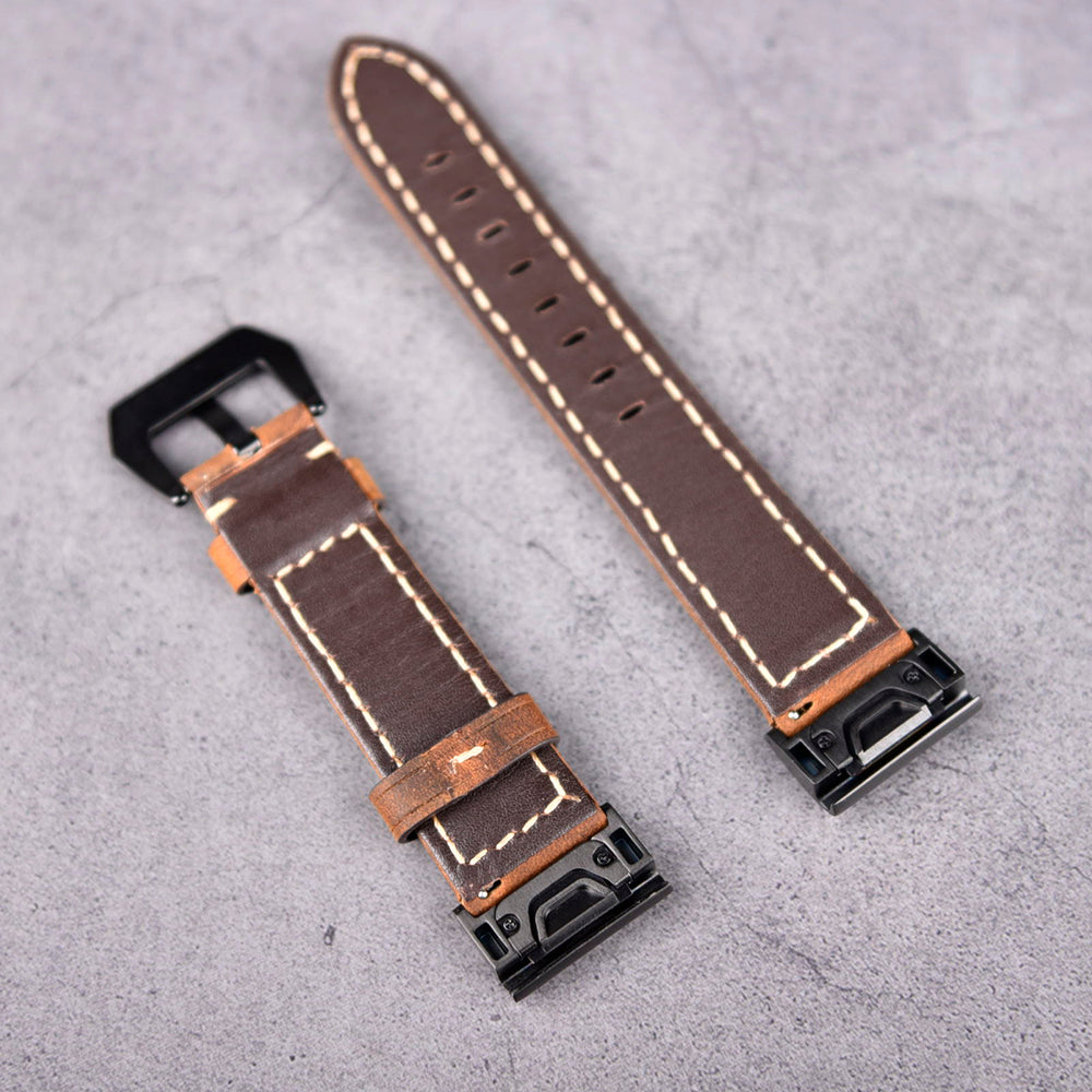 For Garmin Fenix 5 Genuine Leather Watch Band Crazy Horse Texture Replacement Strap - Dark Brown