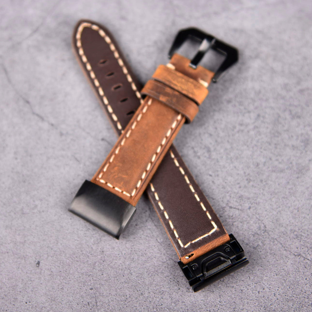 For Garmin Fenix 5 Genuine Leather Watch Band Crazy Horse Texture Replacement Strap - Dark Brown