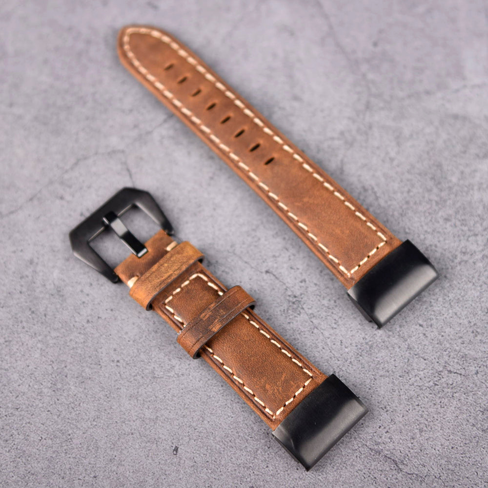 For Garmin Fenix 5 Genuine Leather Watch Band Crazy Horse Texture Replacement Strap - Dark Brown