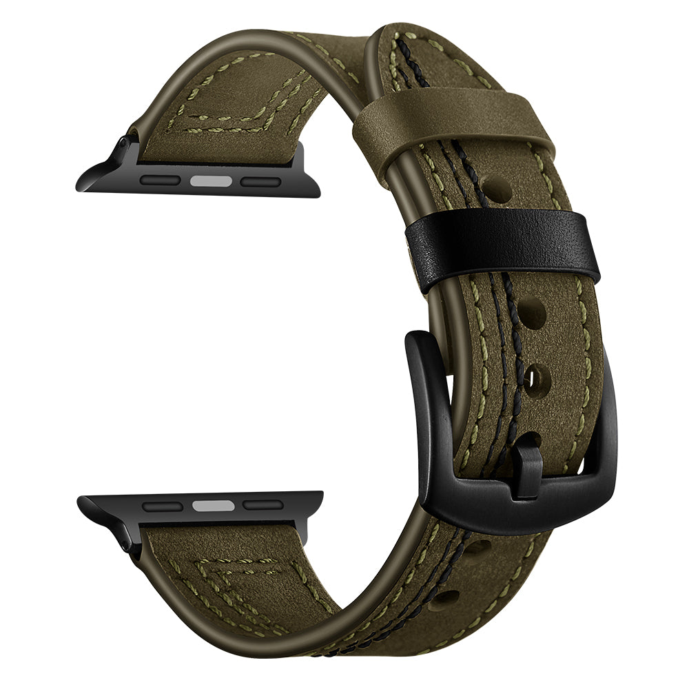 Genuine Leather Watch Band Strap for Apple Watch Series 8 7 41mm / Series 6 SE / SE(2022) 5 4 40mm / Series 3 2 1 38mm - Army Green