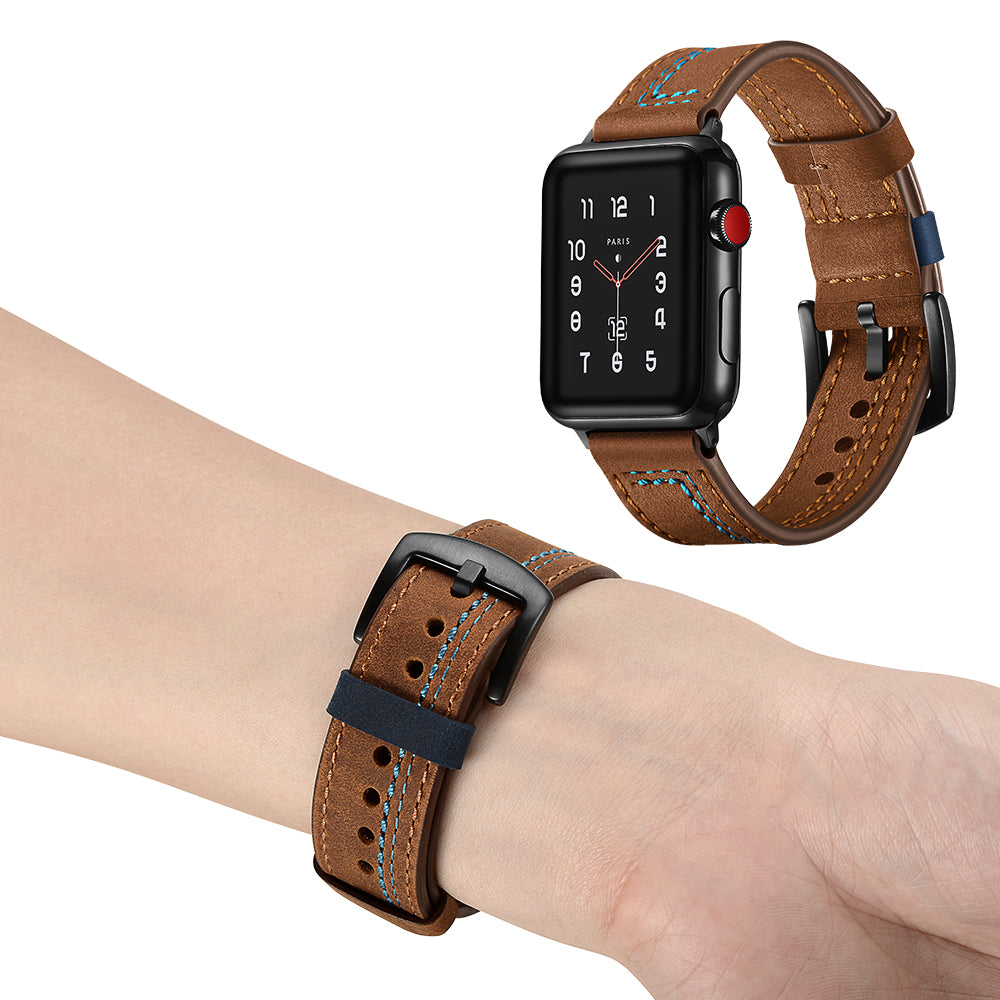 Genuine Leather Watch Band Strap for Apple Watch Series 8 7 41mm / Series 6 SE / SE(2022) 5 4 40mm / Series 3 2 1 38mm - Brown