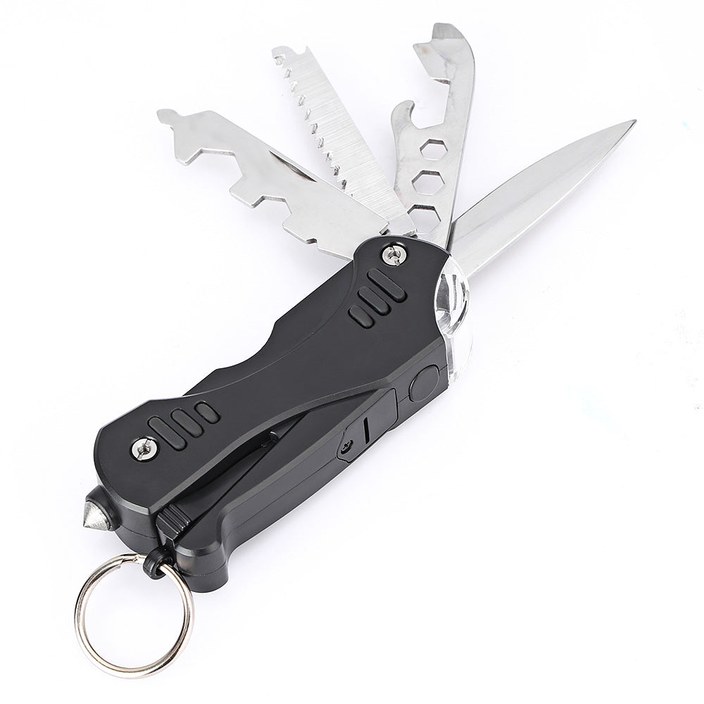 Multi-functional LED Light / Wrench / Knife / Saw EDC Tool Folding Multitools - Black