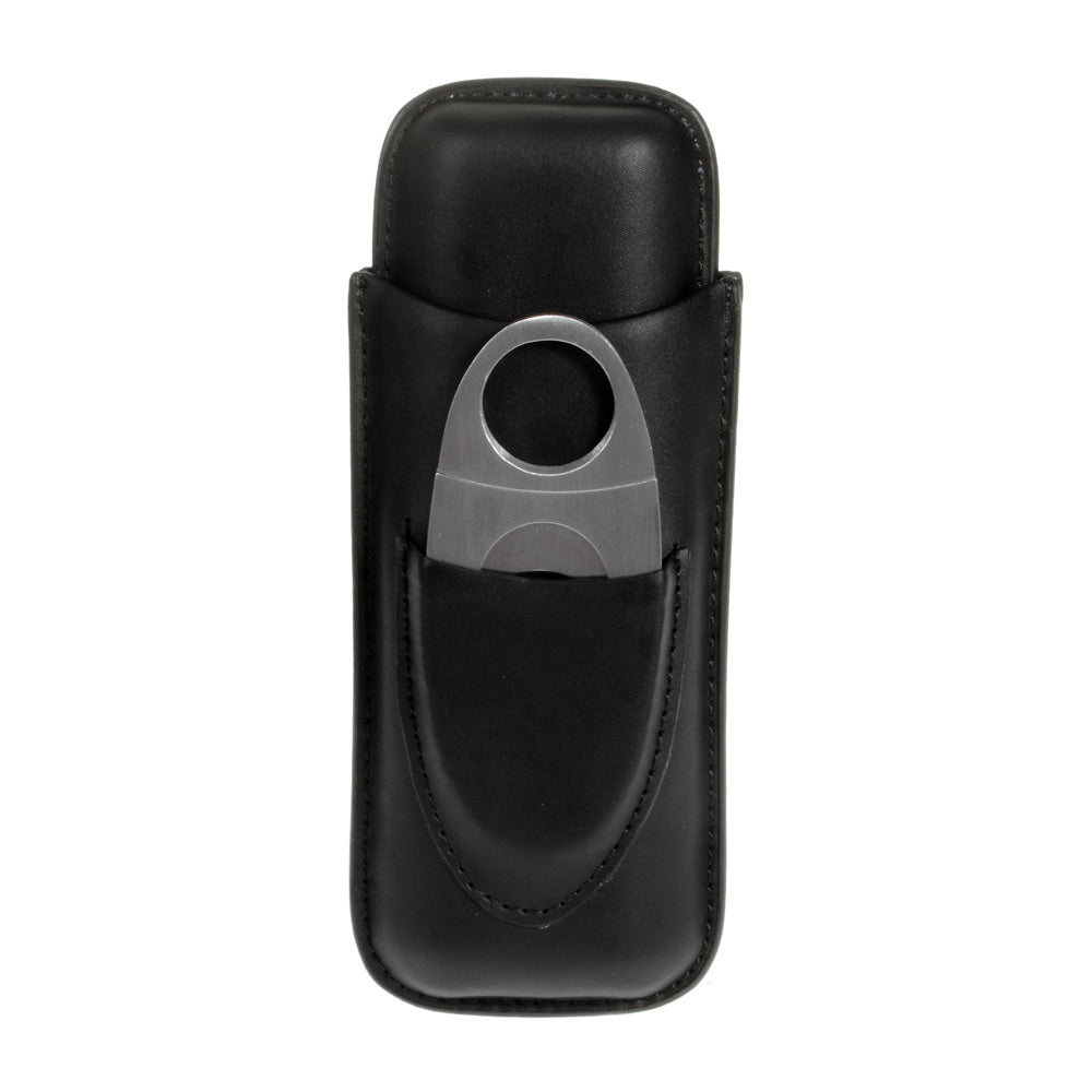 Genuine Leather Crushproof 2-Piece Cigar Case with Stainless Steel Cutter - Black
