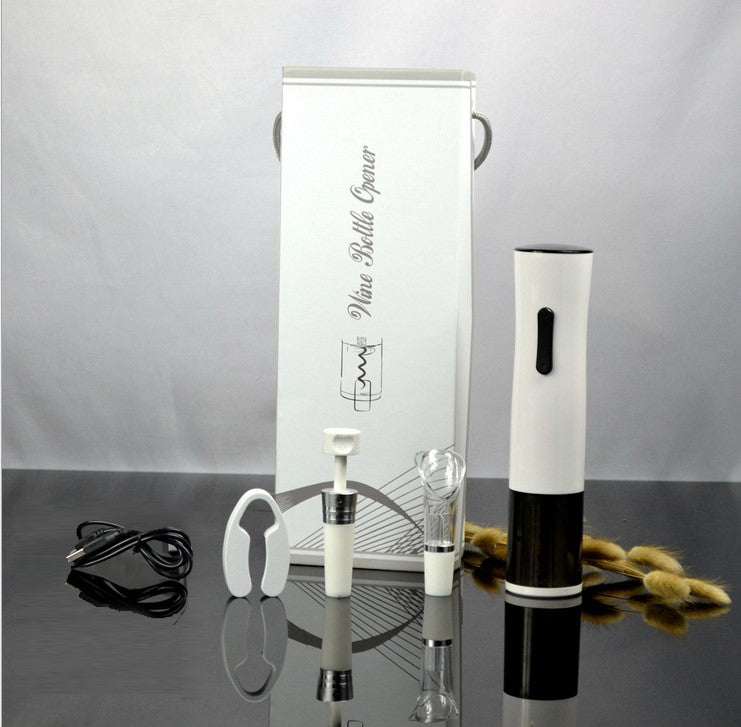 Rechargeable Wine Opener with Foil Cutter + Wine Pourer + Wine Vacuum Stopper + USB Cable