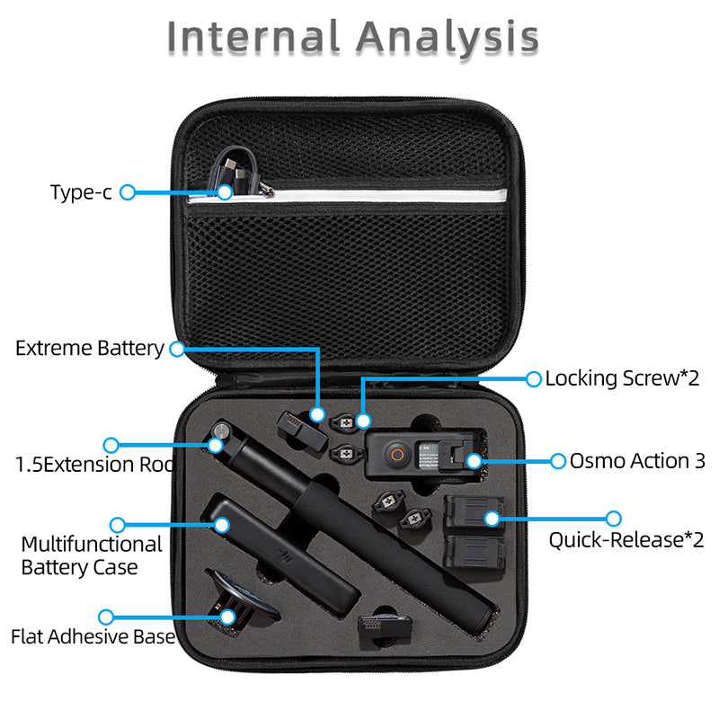 Uniqkart for DJI Osmo Action 3 Portable Zipper Camera Protection Case EVA Hard Shell Handle Strap Camera Accessories Storage Bag - Black