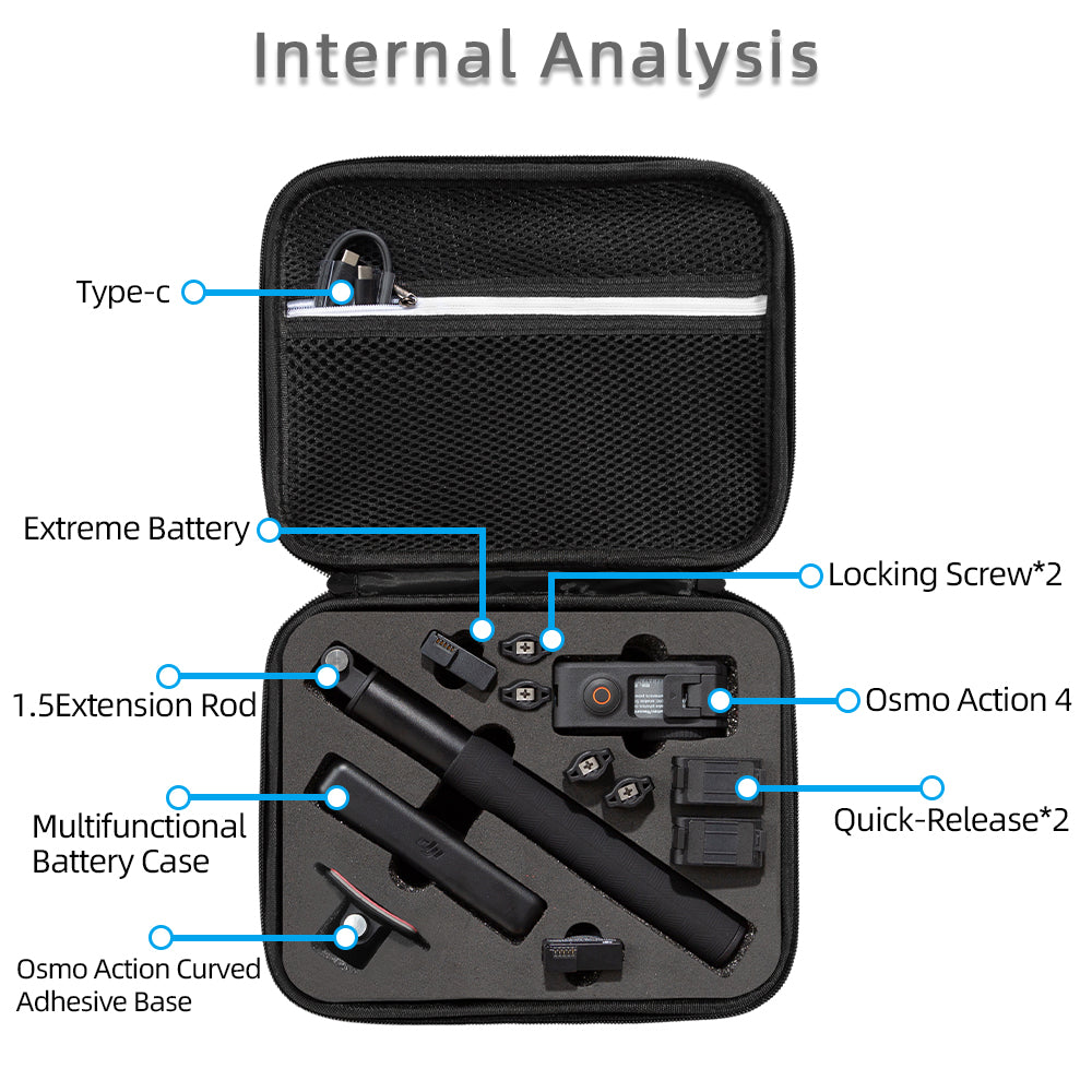 Uniqkart for DJI Osmo Action 3 Portable Zipper Camera Protection Case EVA Hard Shell Handle Strap Camera Accessories Storage Bag - Black