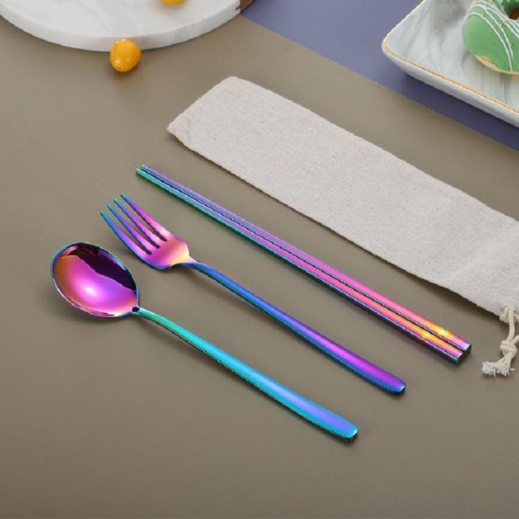 3 PCS / Set Creative Stainless Steel Spoon Fork Chopsticks Portable Tableware Set, Color:Colorful