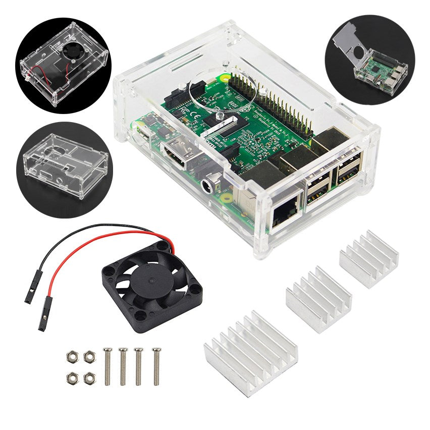 Uniqkart for Raspberry Pi 2/3/B+ Clear Acrylic Case + Cooling Fan + Heatsink