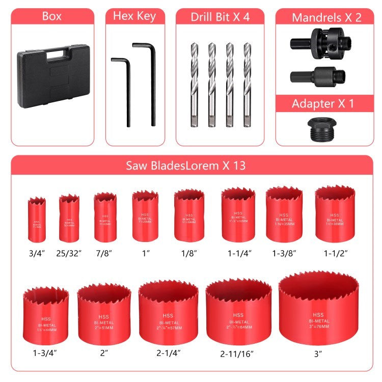 23Pcs Hole Saw Set 38mm Hole Opener Hole Saw Tooth Cutting Opener HSS Bi-Metal Cutter Drill Bit (MOQ: 300) - Red