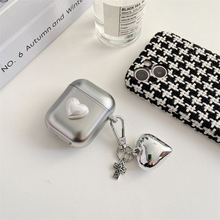 for Apple AirPods Pro/1/2/3/with Charging Case (2016)/with Wireless Charging Case (2019)/with Charging Case (2019) Earphone Box Case Cover Silver Heart Pendant Bluetooth Earbuds Case - for AirPods 1/2