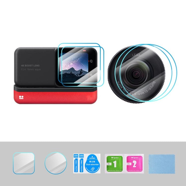 Uniqkart Tempered Glass Screen Protector for Insta360 ONE RS / R Camera Screen Cover Lens Film - 2Pcs + 2 Round Lens Films