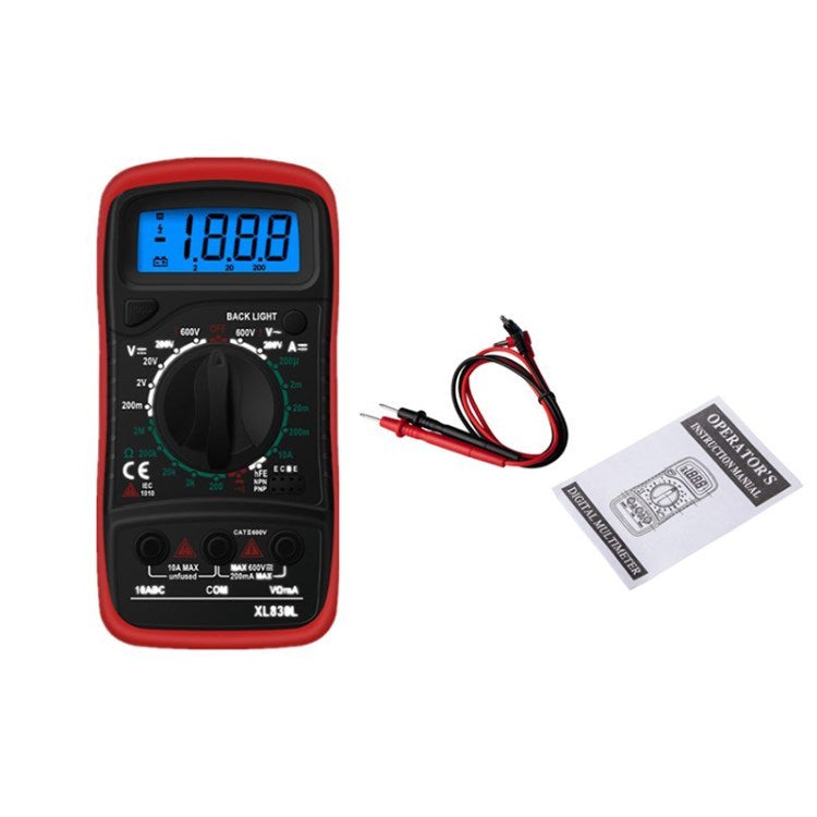 XL830L Portable Digital Multimeter Backlit LCD 9V Multi Tester for AC/DC Current Resistance Diodes Transistor - Red