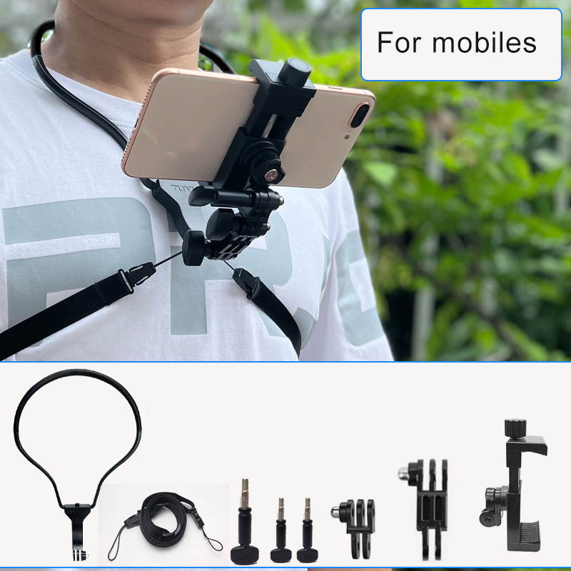 Uniqkart Smart Mobile Phone Stand Hanging on Neck Phone Mount Camera Holder for Gopro Sports Camera - Black Stand + Phone Clip