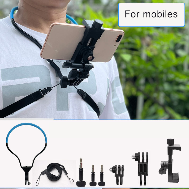Uniqkart Smart Mobile Phone Stand Hanging on Neck Phone Mount Camera Holder for Gopro Sports Camera - Blue Stand + Phone Clip