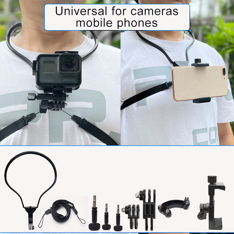 Uniqkart Smart Mobile Phone Stand Hanging on Neck Phone Mount Camera Holder for Gopro Sports Camera - Black Vertical Stand + Phone Clip