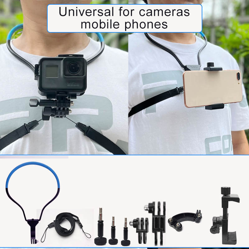 Uniqkart Smart Mobile Phone Stand Hanging on Neck Phone Mount Camera Holder for Gopro Sports Camera - Blue Vertical Stand + Phone Clip