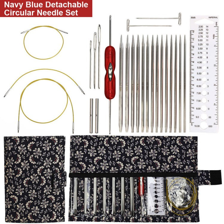 Circular Knitting Needles Stainless Steel Yarn Weaving Stringing Needles Scale Ruler Set Sewing Needles Holder Cas Kit with Storage Bag - Black