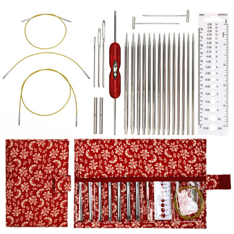 Circular Knitting Needles Stainless Steel Yarn Weaving Stringing Needles Scale Ruler Set Sewing Needles Holder Cas Kit with Storage Bag - Red