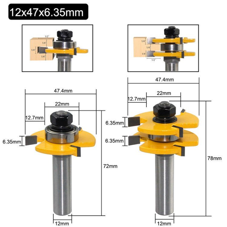 2Pcs Woodworking Router Bit Set 3-Teeth Wood Groove Milling Cutter Tool - 12mm Shank