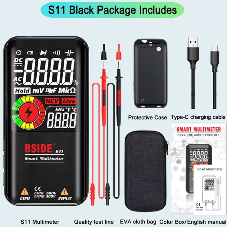 Bside Digital Multimeter 9999 Counts Auto Range Ohmmeter Smart DC AC Voltage Capacitor Resistance Diode NCV Hz Tester Detector - S11 / Black
