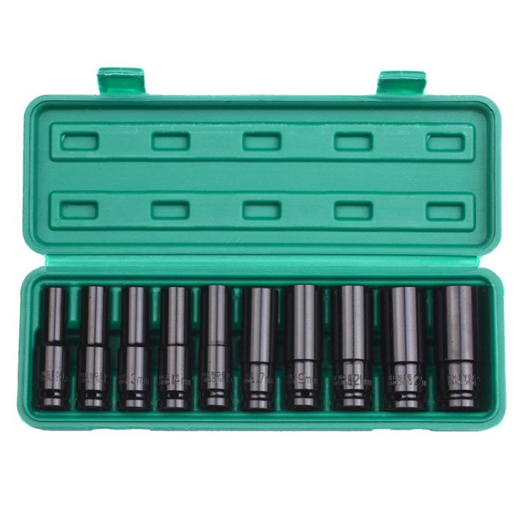 10Pcs 1 / 2" Drive Deep Impact Socket Set Socket Organizer Kit Mechanics Tool with Storage Box - Green