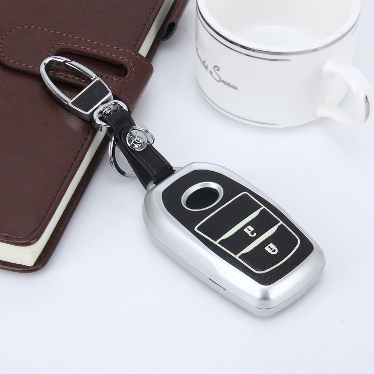 Car Auto PU Leather Fold Two Buttons Luminous Effect Key Ring Protection Cover for 2014 Version RAV4 2015 Version Highlander(Silver)