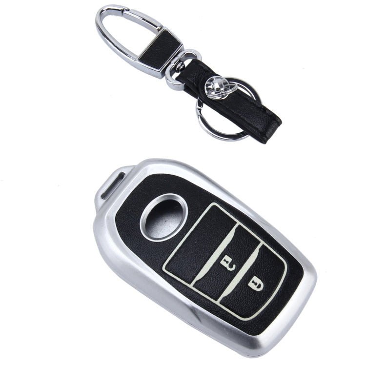 Car Auto PU Leather Fold Two Buttons Luminous Effect Key Ring Protection Cover for 2014 Version RAV4 2015 Version Highlander(Silver)