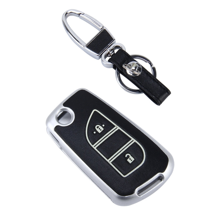 Car Auto PU Leather Intelligence Two Buttons Luminous Effect Key Ring Protection Cover for 2014 Version RAV4 2015 Version Highlander(Silver)