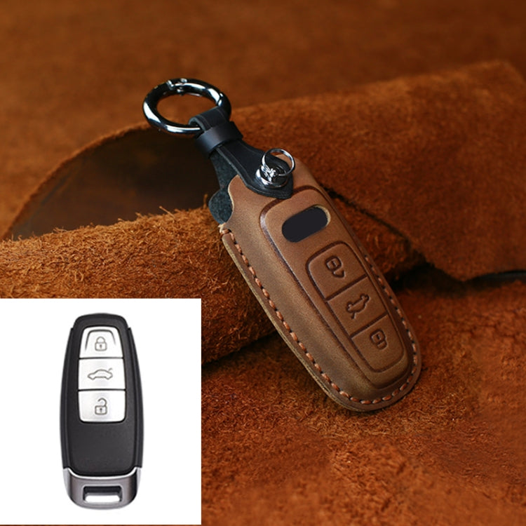 For Audi Series Car Cowhide Leather Key Protective Cover Key Case, C Version 2018 and Above (Brown)