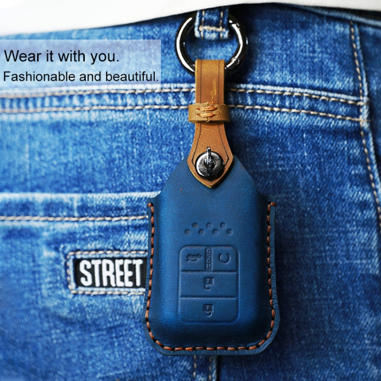 For Honda Car Cowhide Leather Key Protective Cover Key Case, Three Keys Tailgate Version (Blue)