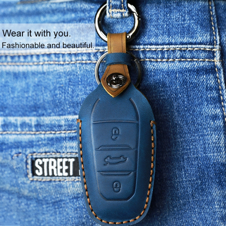 For PEUGEOT Car Cowhide Leather Key Protective Cover Key Case(Blue)