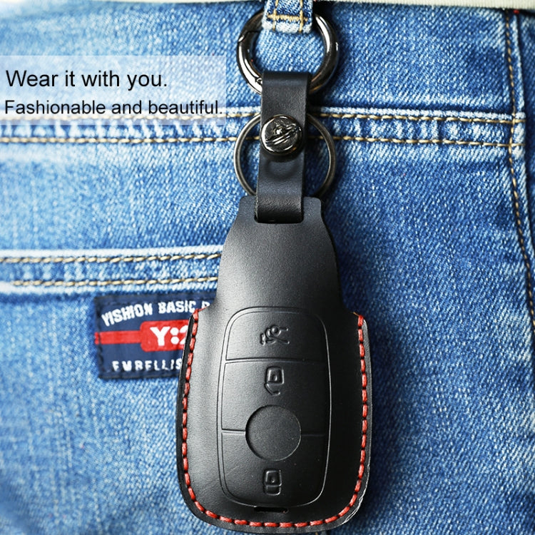 For Mercedes-Benz Colorful Edge Style Car Cowhide Leather Key Protective Cover Key Case (Blue)